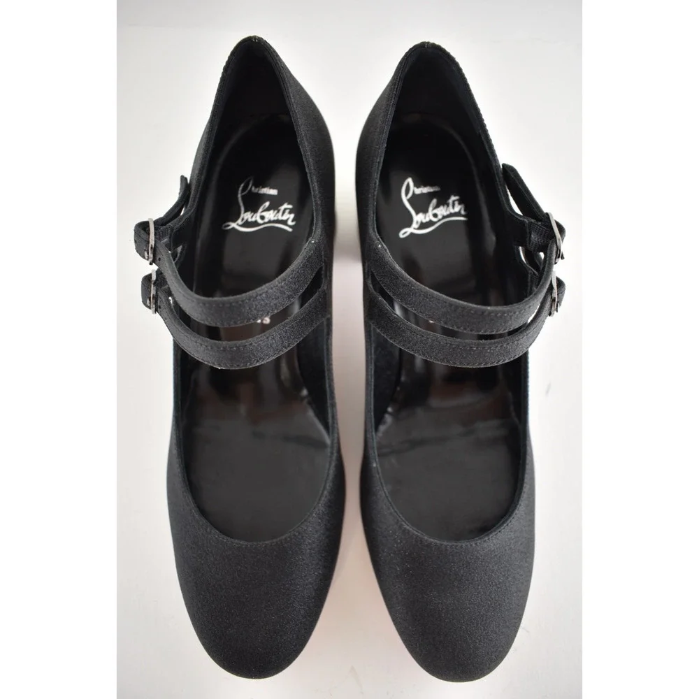 Christian Louboutin Miss Jane 55 Black Glitter Mary Jane Block Heel Pump 37.5